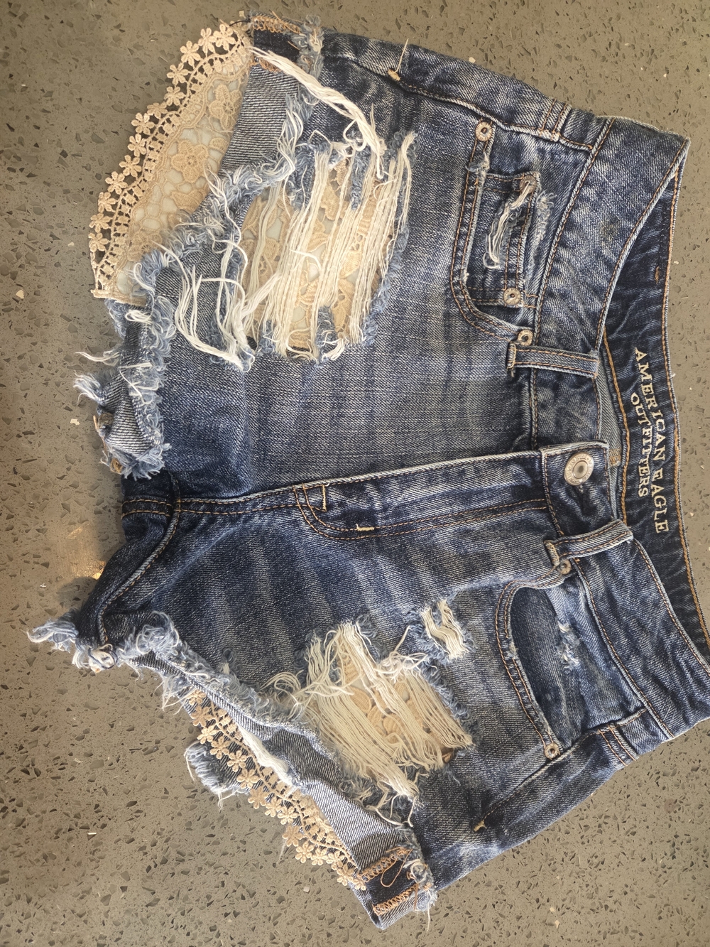 American Eagle Outfitters Blue Distressed Lace-Trim Denim Shorts